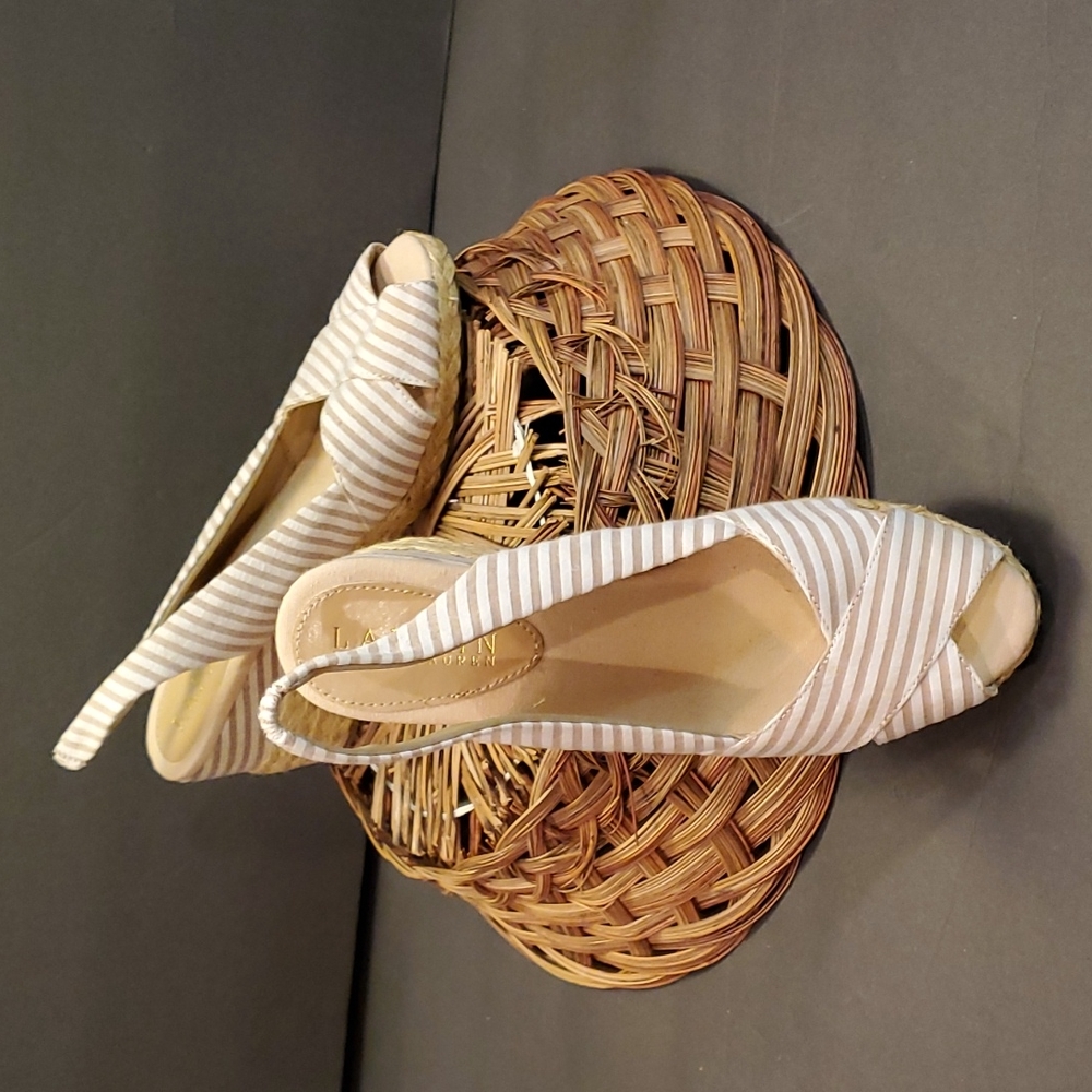 Ralph Lauren Tan/White Cassara Wedges 7.5B